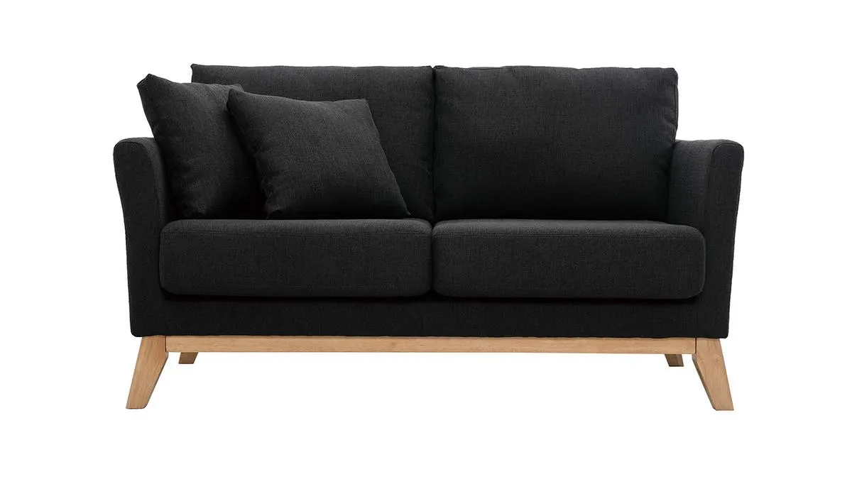 Canapé scandinave déhoussable 2 places en tissu gris foncé et bois clair OSLO