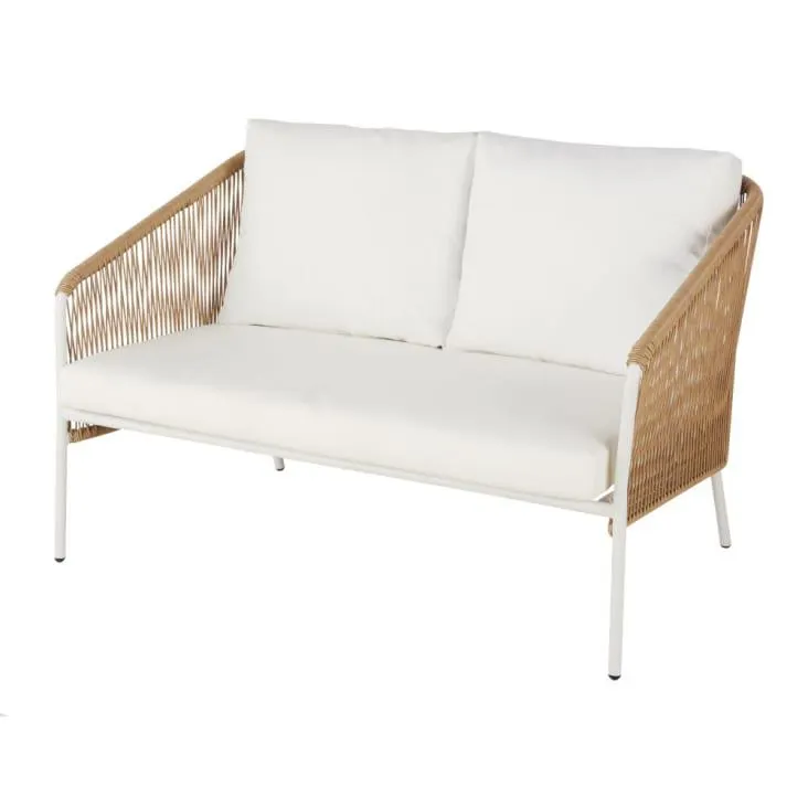 Sofá de jardín de 2 plazas de resina beige y metal blanco