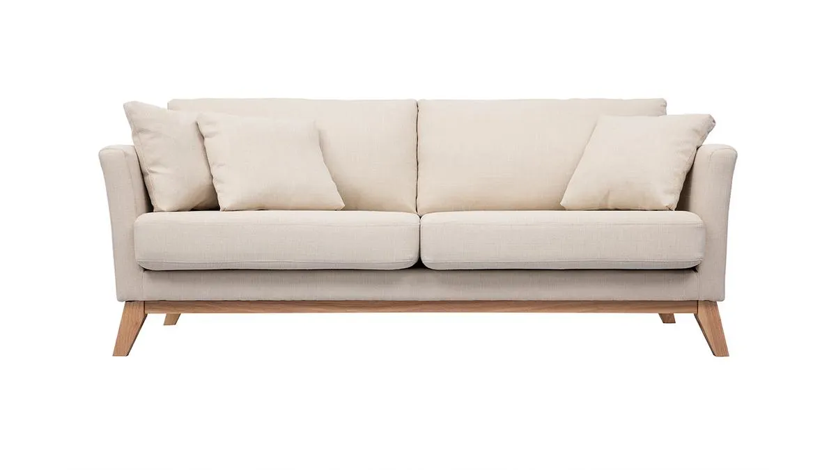 Canapé scandinave déhoussable 3 places en tissu beige et bois clair OSLO