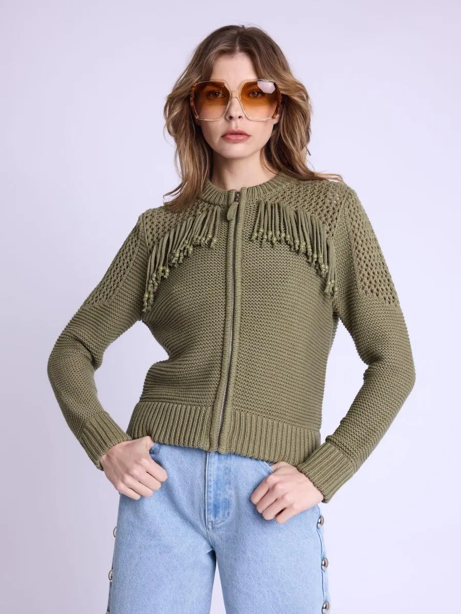 GLENDA | Gilet en maille khaki à franges