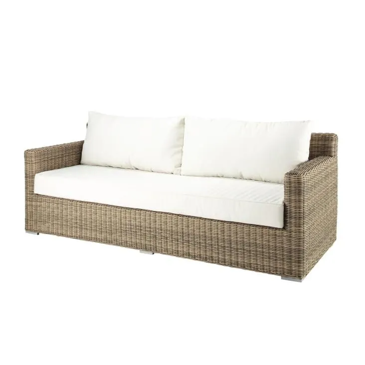 Sofá de jardín de 3 plazas de resina tejida reciclada gris y poliéster reciclado crudo