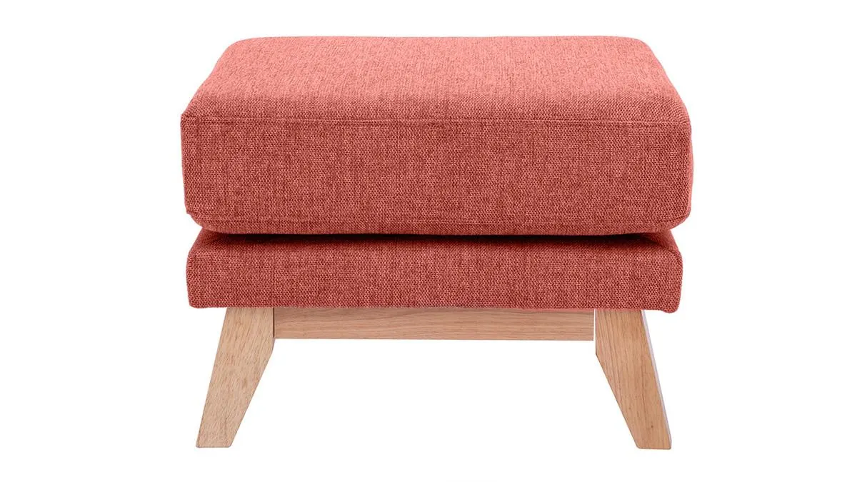 Pouf repose-pieds déhoussable scandinave en tissu effet velours texturé terracotta et bois clair OSLO