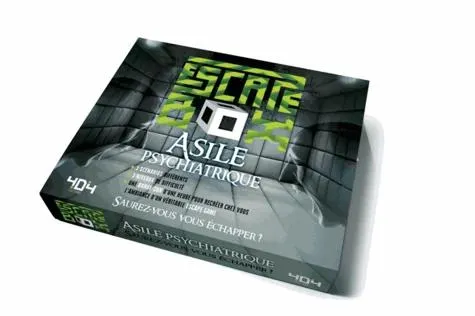 Escape box Asile psychiatrique - Contient : 3 livrets, 131 cartes, 1 bande-son de 60 minutes, 1 poster, 6 badges