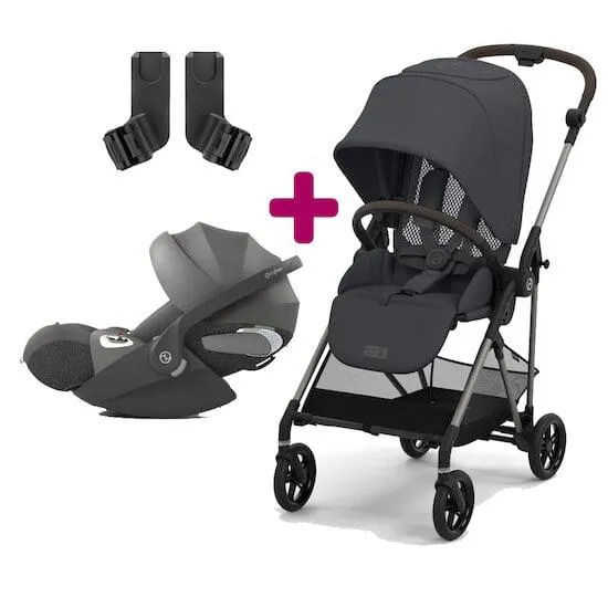 Pack poussette duo Melio 3 Monument Grey + Coque Cloud T i-Size Mirage Grey + adaptateurs coque de Cybex