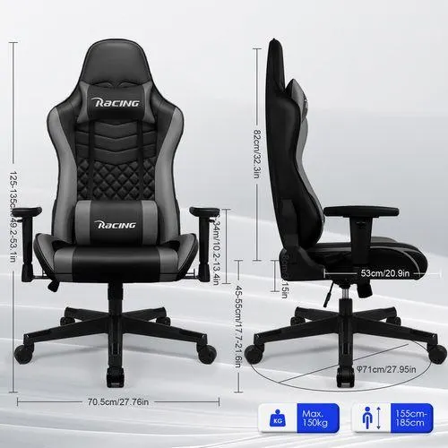 ADORMII Chaise Gaming Charge 150kg, Fauteuil Bureau Ergonomique, Assise De 56cm, Hauteur, Coussins Réglables