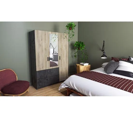 Armoire 3 portes 2 tiroirs L.134 cm READY imitation chêne kronberg et ardoise