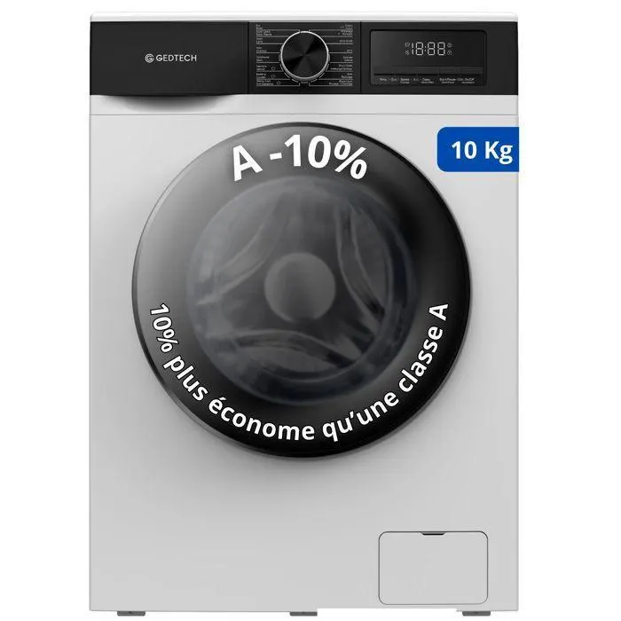 Lave-linge frontal GEDTECH GLL101400WH - 10 Kgs - 1400 trmn - 16 programmes - Eco - Intensif - Rapide Trs Faible conso A-10
