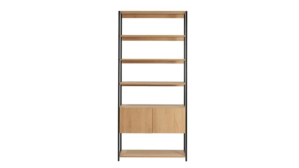 Bibliothèque étagère avec rangement fermé finition bois clair chêne et métal noir L94 cm FLEA