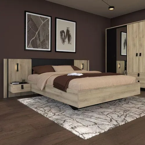 Lit 160x200 cm avec chevets KIERAN imitation chêne et noir