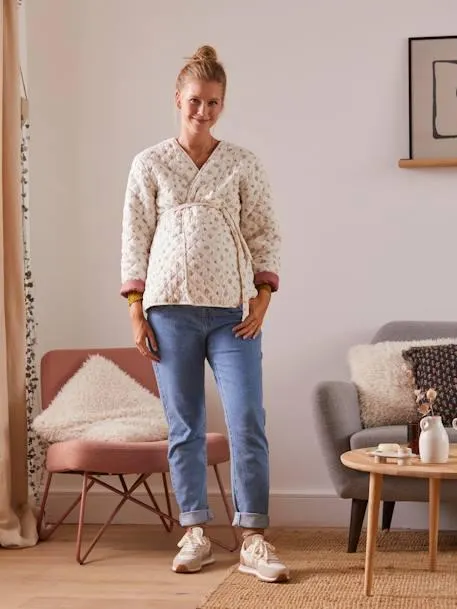 Veste matelassée gaze de coton grossesse et allaitement - rose imprimé