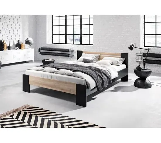 Lit + matelas + sommier VEGETA imitation chêne et noir 140x200 cm
