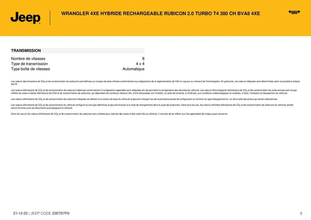 WRANGLER 4XE HYBRIDE RECHARGEABLE RUBICON 2.0 TURBO T4 380 CH BVA8 4XE" du 21 décembre au 31 août 2024 - Catalogue page 9