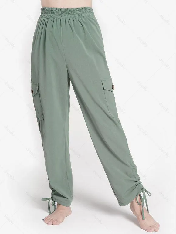 Pantalon Cargo en Couleur Unie à Taille Elastique avec Poche à Rabat