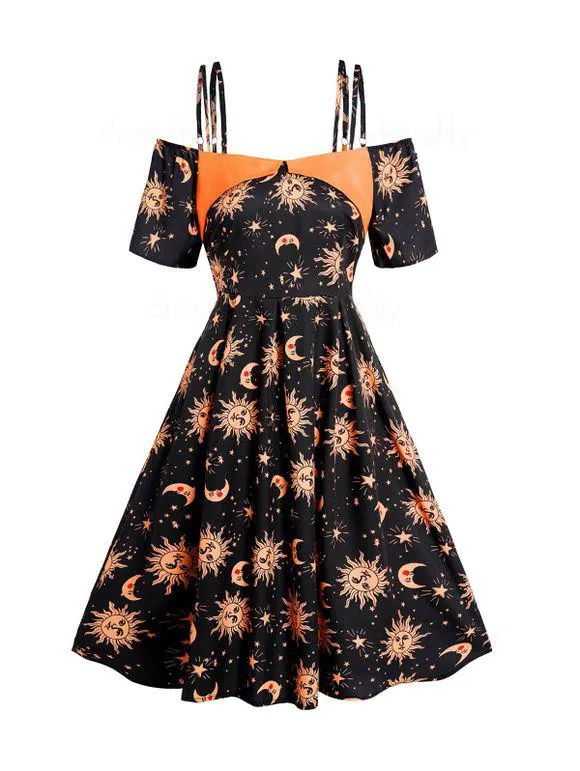 Robe Ligne A à Imprimé Etoile Lune et Soleil en Couleur Contrastée à Taille Haute à Epaule Dénudée