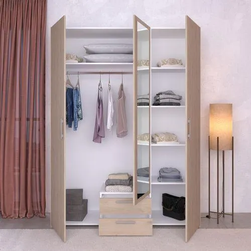 Armoire 3 portes 2 tiroirs avec miroir L.120 cm DAILY imitation chêne