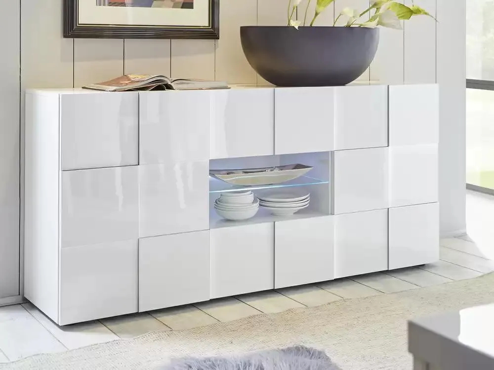 Bahut 2 portes 2 tiroirs Damier blanc brillant