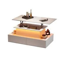 HAUSS SPOLE Table Basse Relevable Rectangulaire Blanche Avec Éclairage LED, 4 Tiroirs Et Espace De Rangement