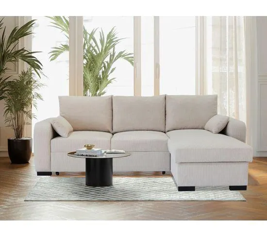 Canapé d'angle convertible méridienne réversible HARPER velours côtelé beige