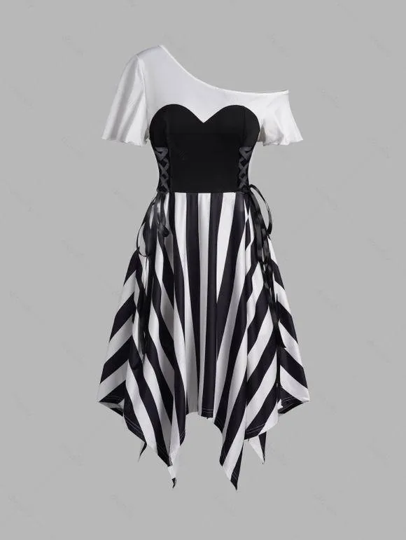 Robe Mi-Longue Asymétrique Rayure Contrastée à Manches Courtes à Col Oblique à Lacets