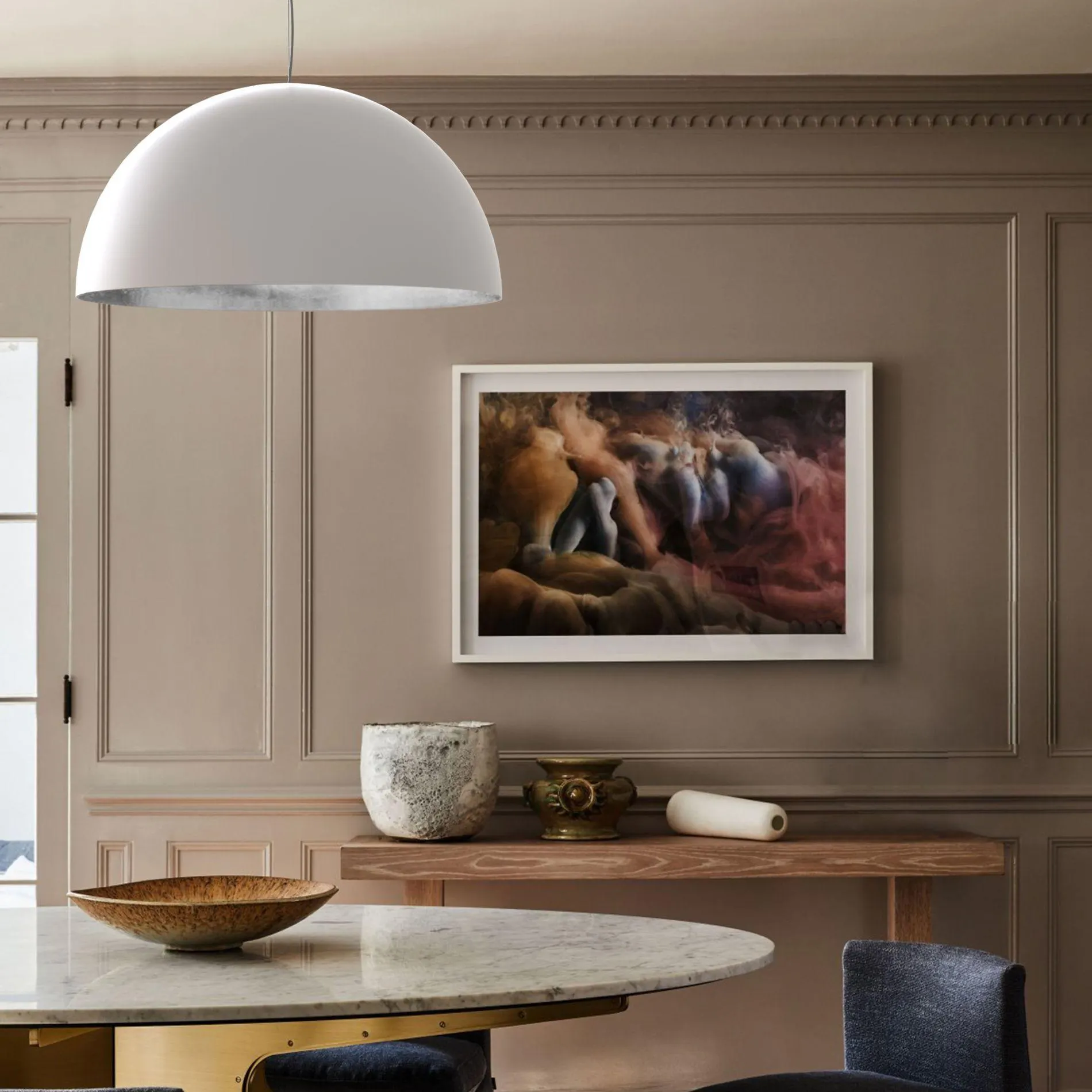 Suspension VENICE (D80cm) en métal blanc intérieur feuille d'argent