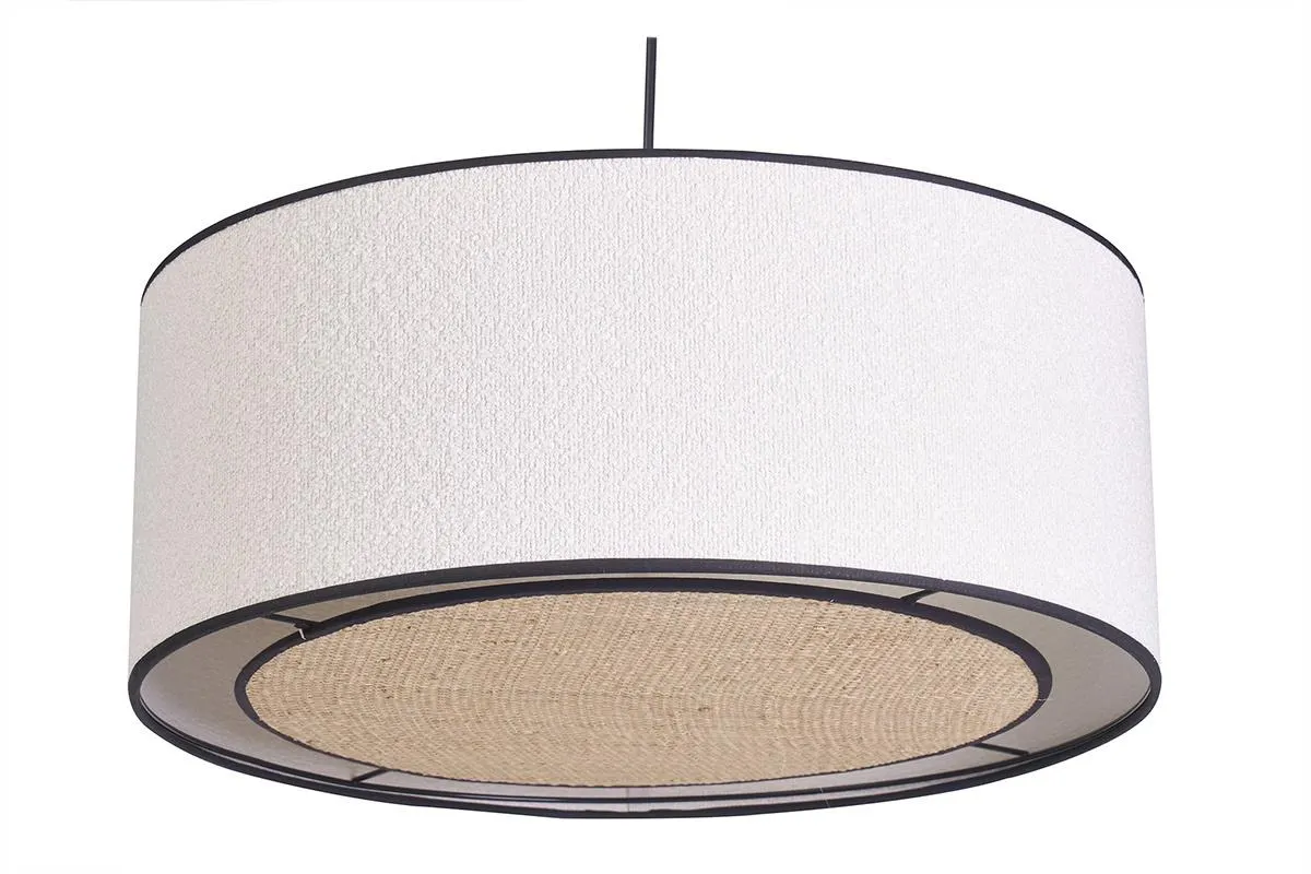 Suspension cylindrique en tissu effet laine bouclée blanc et rabane naturelle D50 cm TRAVES