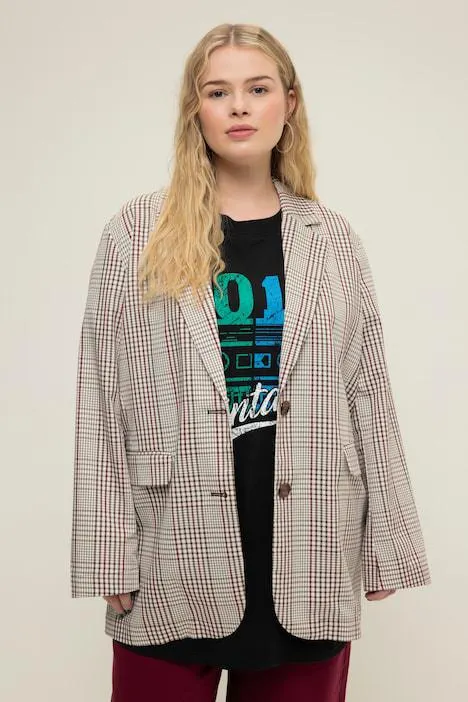 Blazer oversized, carreaux, col à revers, manches longues
