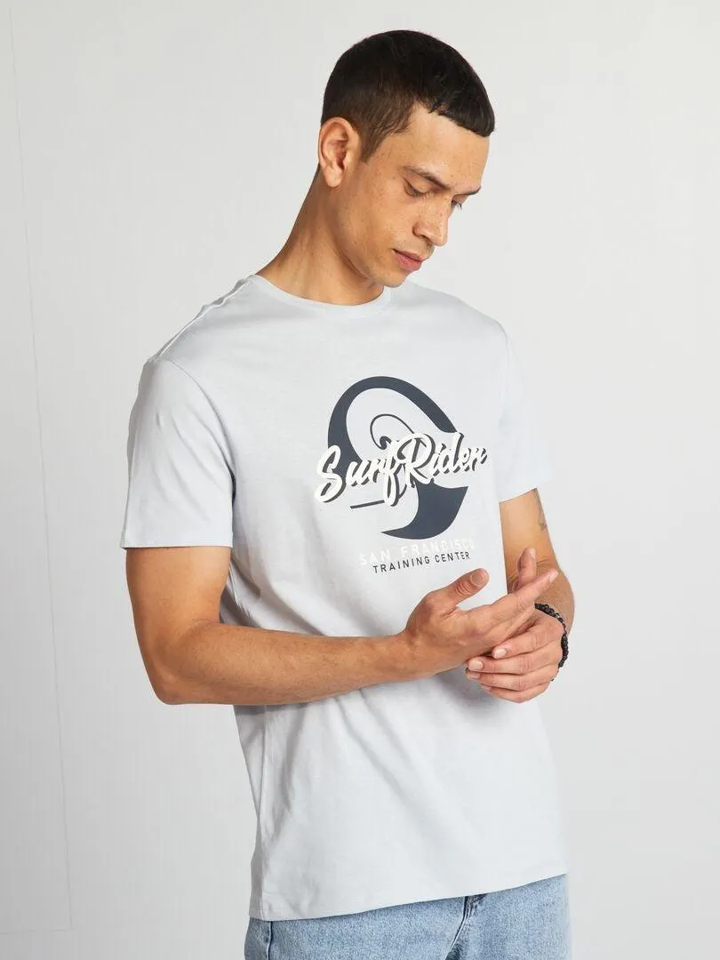 Camiseta de algodón estampada con cuello redondo - AZUL