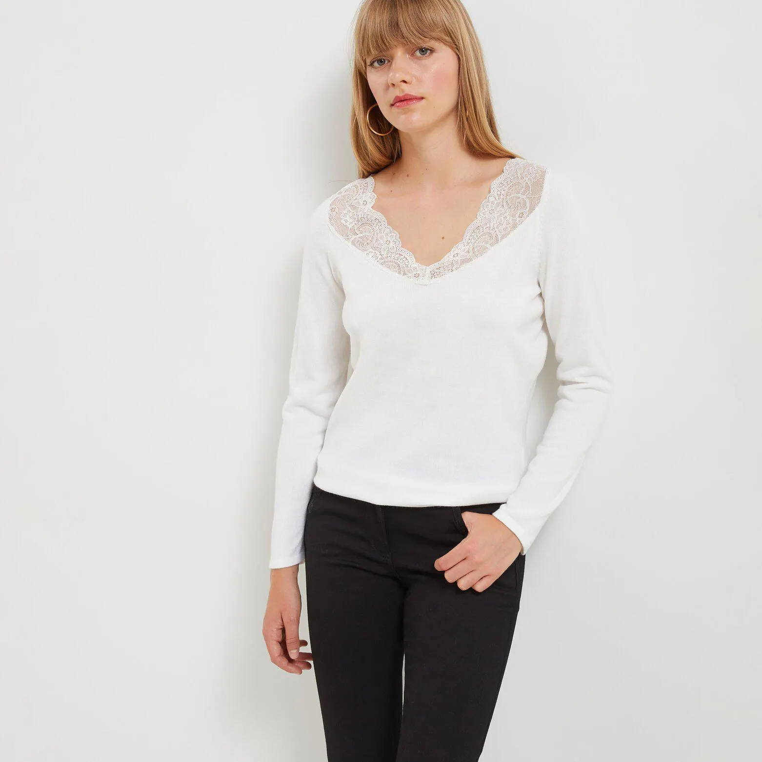 Pull col V dentelle femme