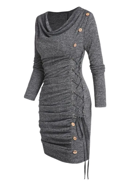Mini Robe Moulante Drapée Boutonnée à Manches Longues à Lacets