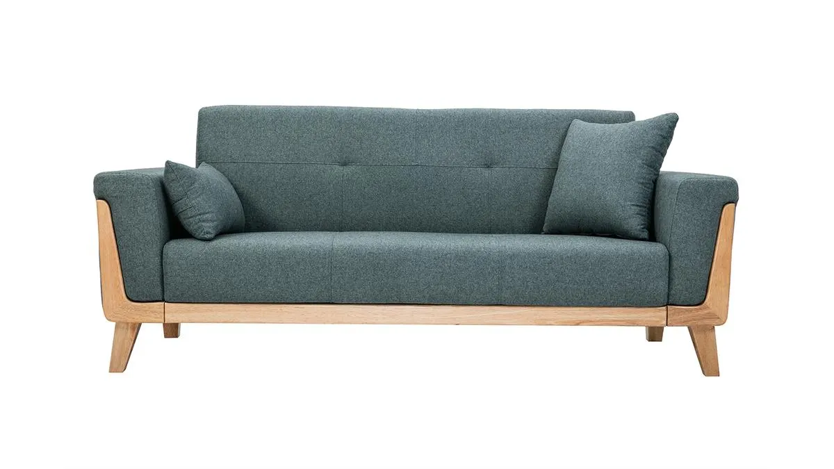 Canapé scandinave 3 places en tissu vert de gris et bois clair FJORD