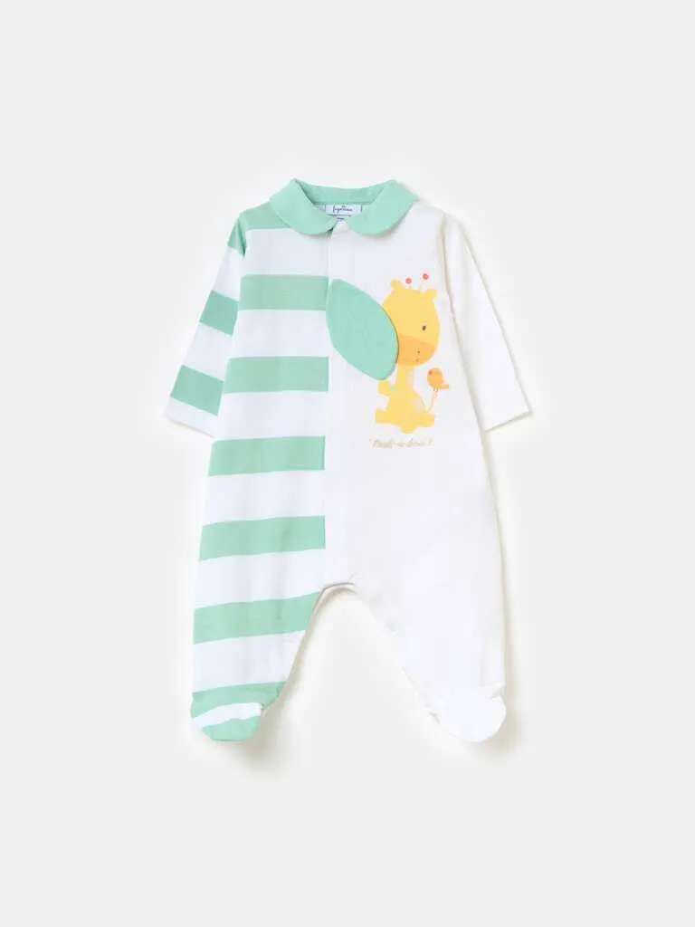 Organic cotton onesie with feet and print Blanc/vert
