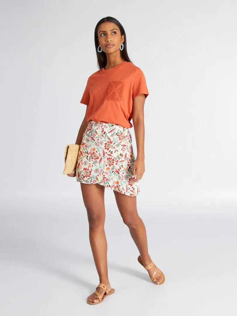 Jupe courte coupe portefeuille imprimé fleuri - Beige imprimé