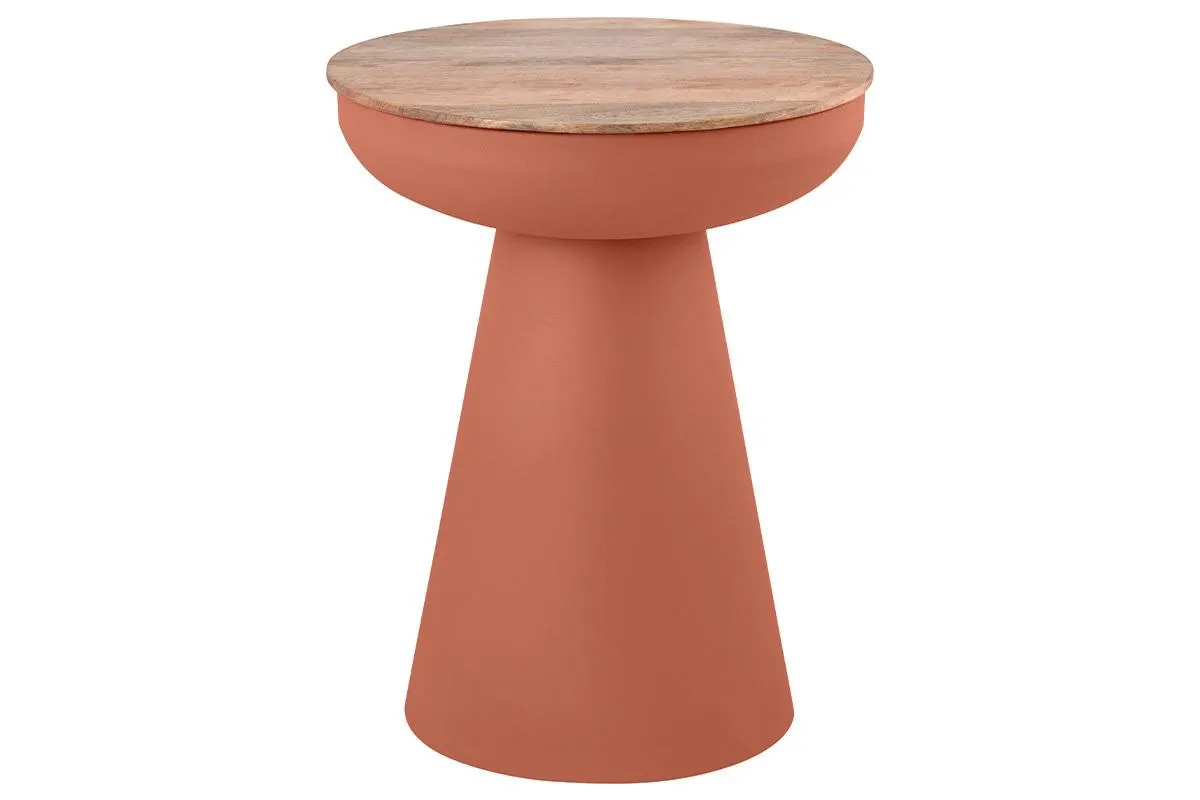 Table d'appoint ronde design avec rangement en métal terre brulée et bois manguier massif H52 cm TAM