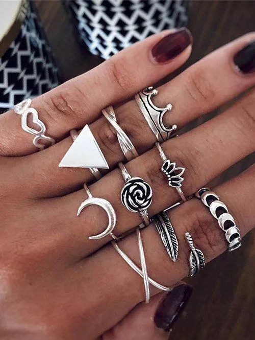 10 Pièces Ensemble de Bague Branché Triangle Lune Cœur Courrone