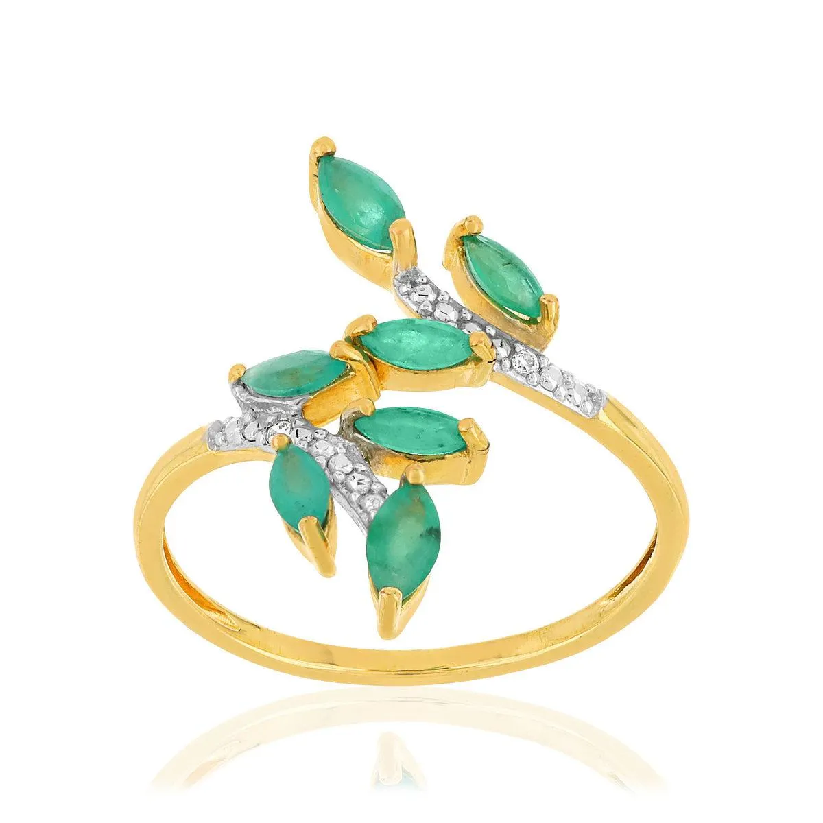Bague or 375 2 tons feuillage émeraudes et diamants