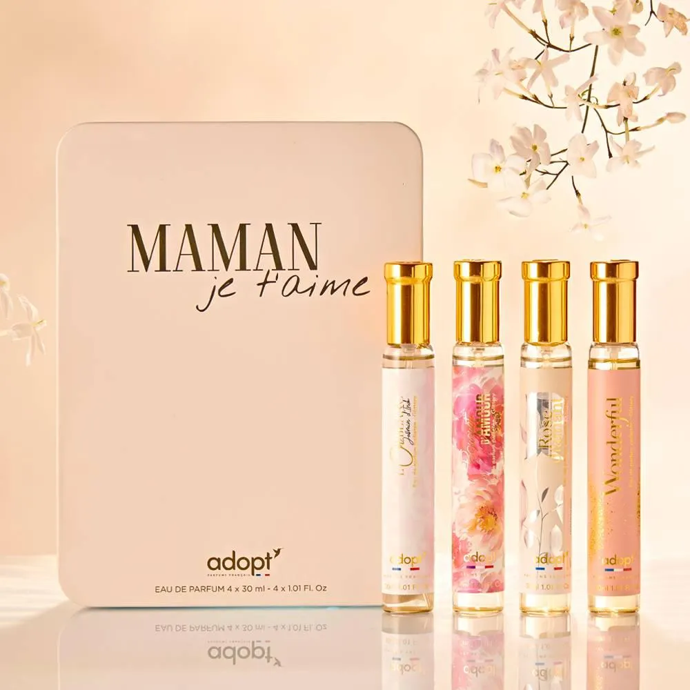 Maman je t'aime Coffret métal 4 eaux de parfum L'Or Blanc 30 ml, Bouquet d'amour 30 ml, Rose Diamant 30 ml, Wonderful 30 ml