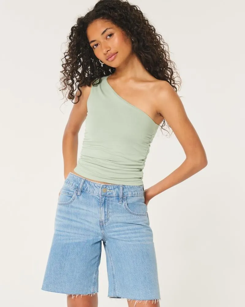 Soft Stretch Seamless Fabric Ruched One-Shoulder Top