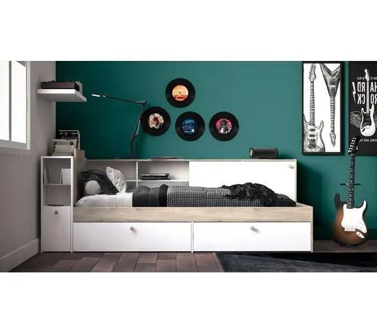 Lit 90x190/200 cm avec rangements ETHAN imitation chêne et blanc