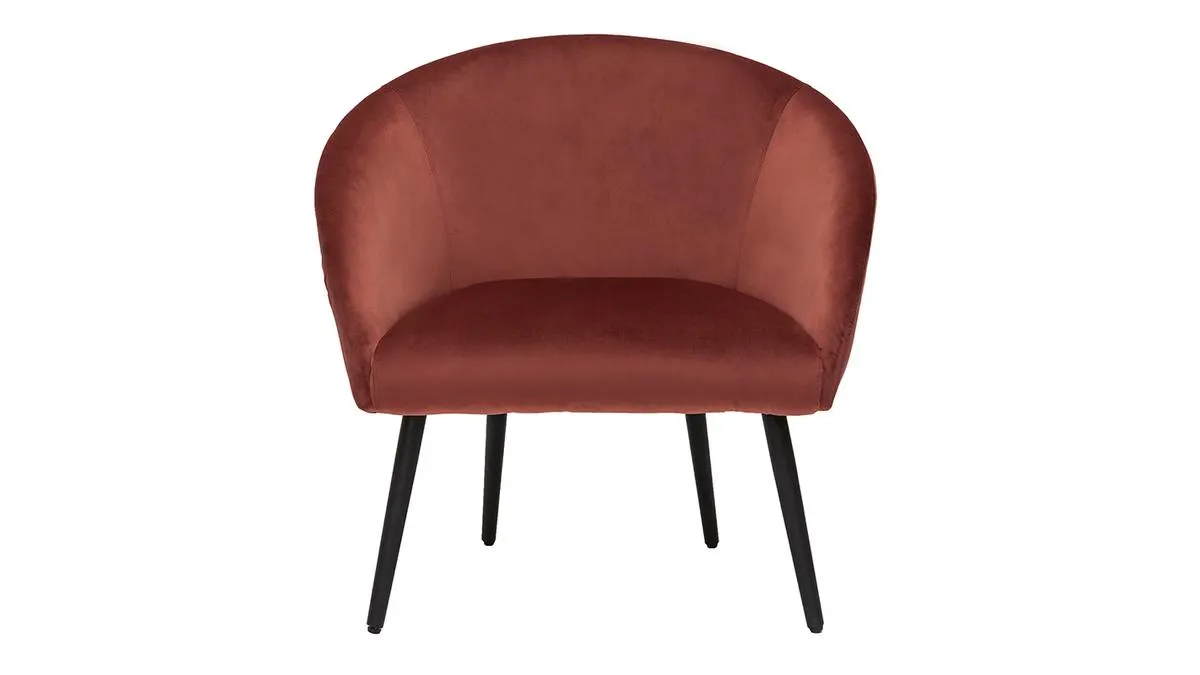 Fauteuil design en tissu velours rouge tomette et métal noir OLIVIA