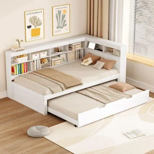 MODFU Lit Enfant Gigogne 90x200/190 Cm En Bois Avec Étagères, Rangement, Prise USB, Blanc