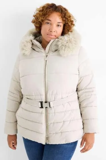 Quilted jacket with belt, hood and faux fur trim