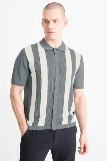 Knitted polo shirt - linen blend - striped - textured