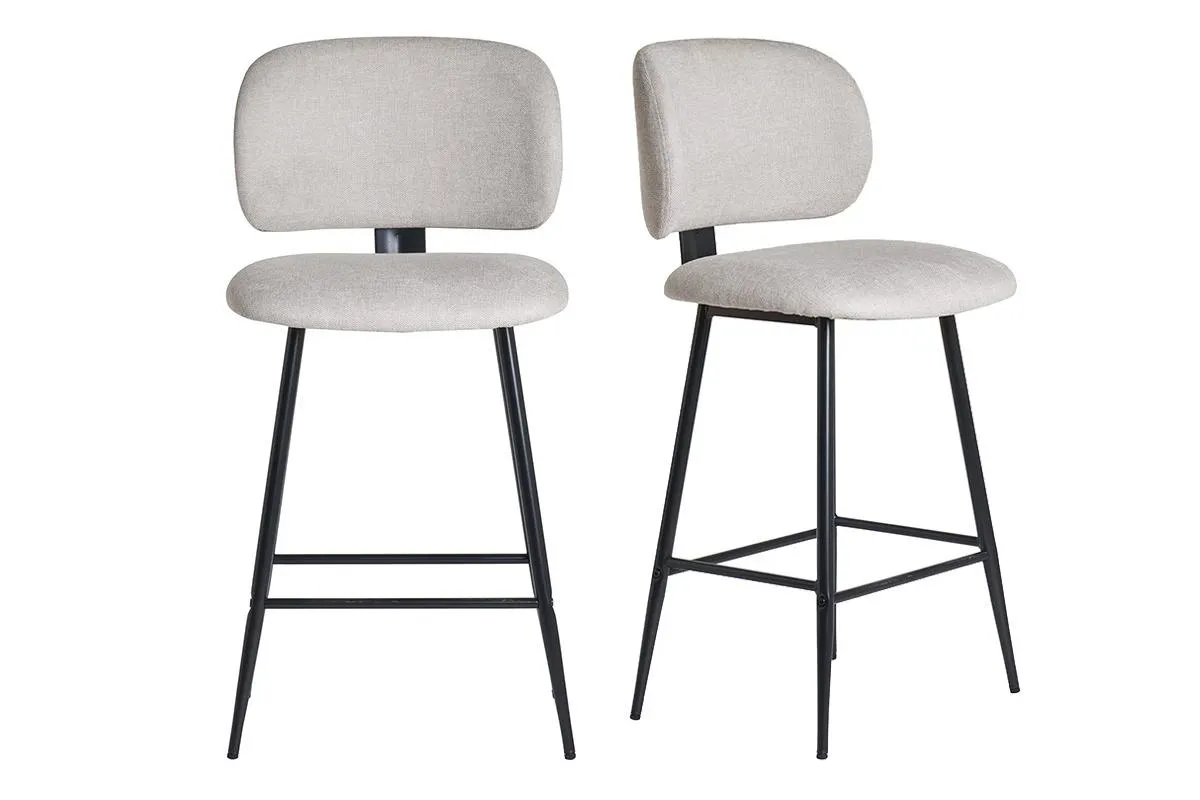 Tabourets de bar en tissu effet velours texturé beige et métal noir H70 cm (lot de 2) ATRIUM