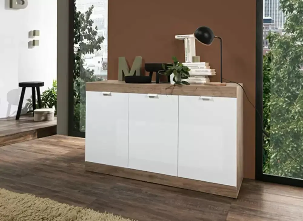 Bahut 3 portes Lime chene cadiz/blanc brillant