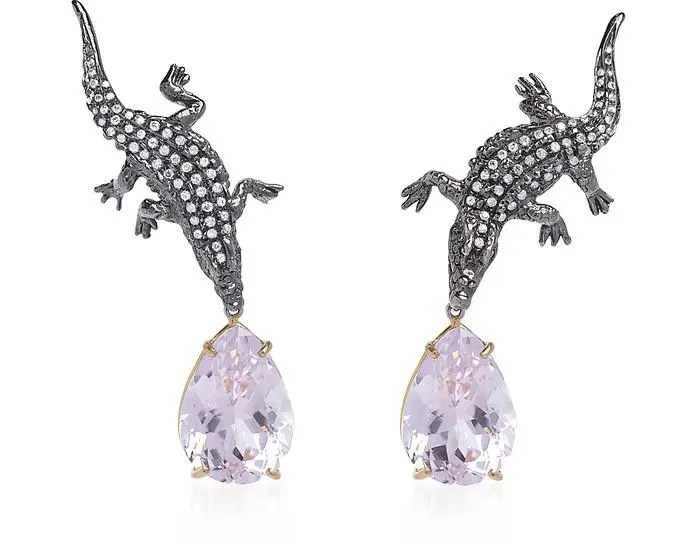 Gold Crocodile Earrings with Grey Diamonds and Kunzite