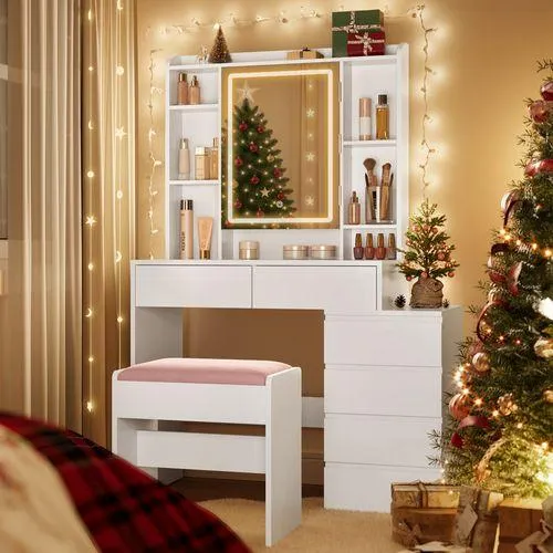 VASAGLE Coiffeuse, Grand Miroir LED à Luminosité Réglable, Tabouret, Étagères Réglables, Blanc Nuage