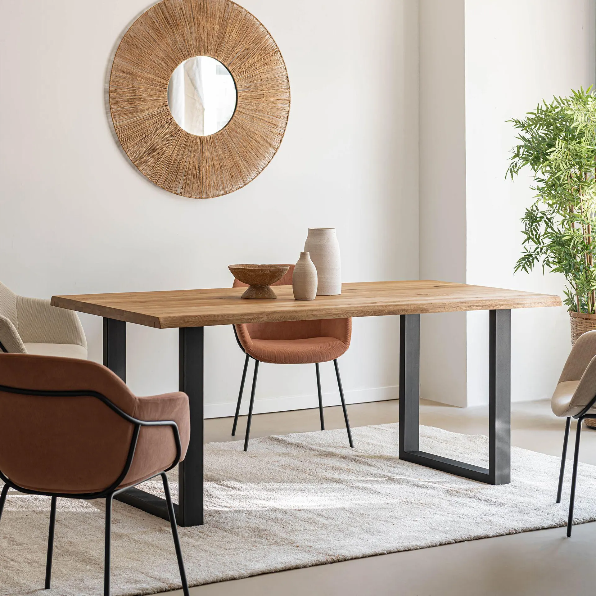 Table de repas rectangulaire en chêne et acier - bois clair (8 places)