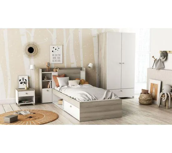 Lit 90x190/200 avec rangements NATHAN imitation chêne et blanc