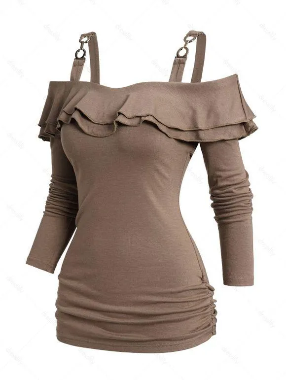 Blouse Décontractée Plissée à Volants en Couleur Unie à Epaule Dénudée Décor de Métal