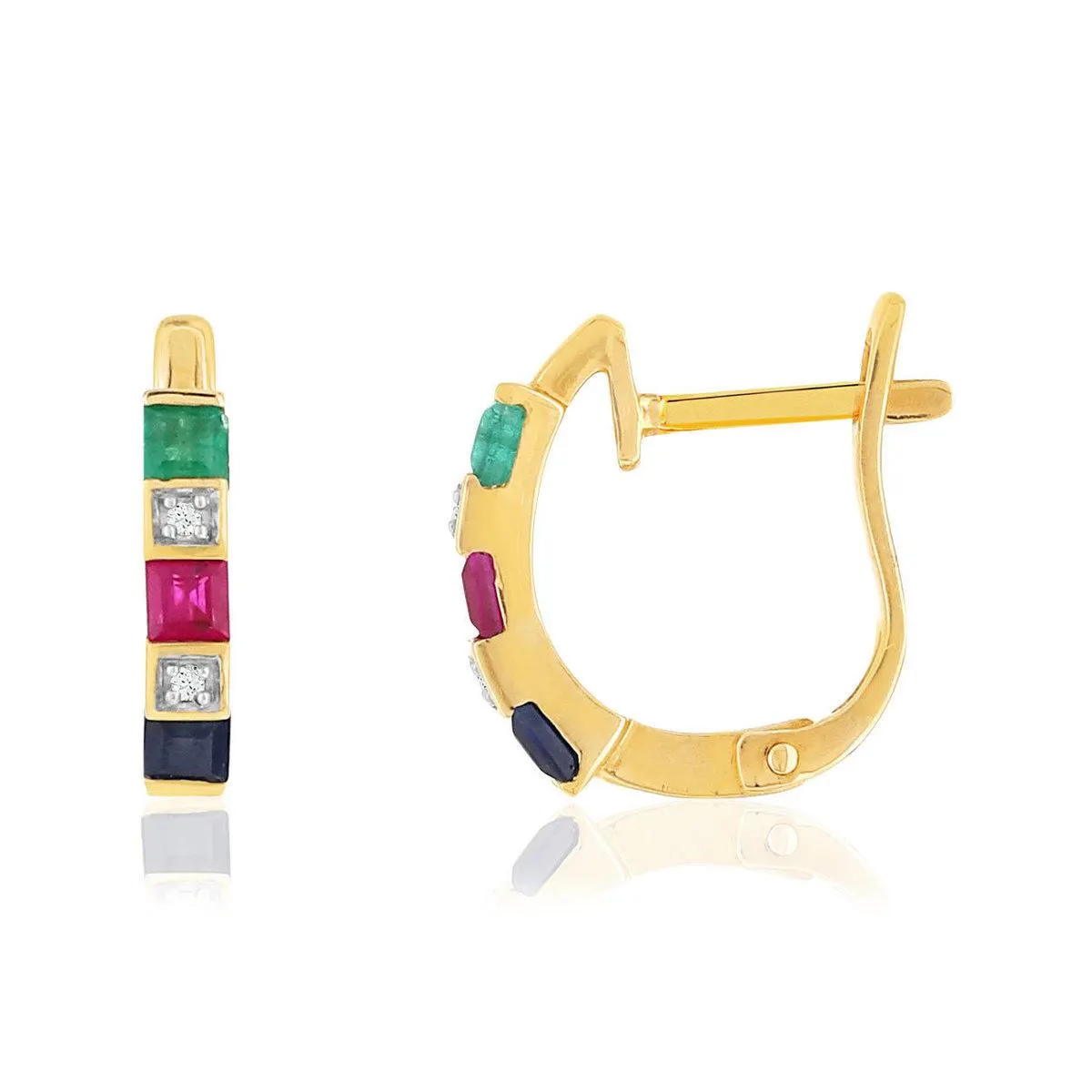 Boucles d'oreilles or 750 jaune pierres précieuses carrées et diamants